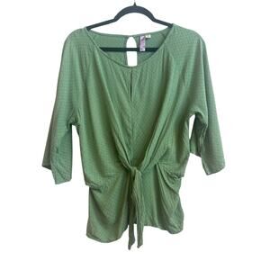 Alya Green Floral Textured Flowing Blouse with Front Tie and keyholes design